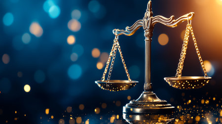 A set of tilted scales emits a warm glow, showcasing glowing chains and reflecting bokeh lights in a dark environment.の素材