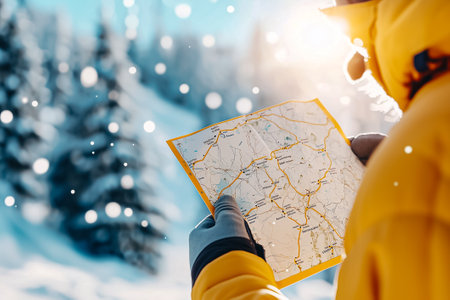 In a snowy environment, a traveler holds a marked map, contemplating the next destination in their adventure.の素材