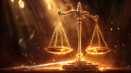 Scales of justice shine gently, symbolizing fairness and truth in a mystical atmosphere filled with warm light.の素材