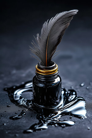 A cracked quill stands in black ink, surrounded by spills, evoking artistic creativity on a dark surface.の素材