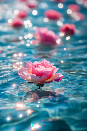 Soft pink roses drift on shimmering azure water, reflecting sunlight while creating a tranquil atmosphere.の素材