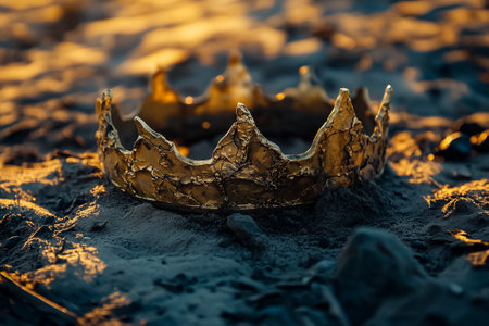 A cracked golden crown lies on a textured surface, catching the warm light of sunset in a serene setting.の素材