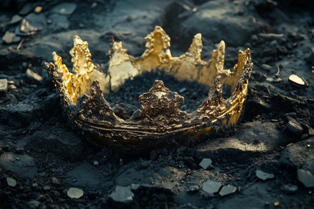 A detailed view of a cracked golden crown lies on a rough surface, surrounded by fragments and dark textures.の素材