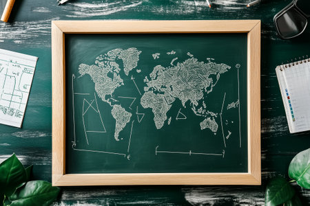 A vintage world map is displayed on a chalkboard in a classroom among various teaching tools and stationery.の素材