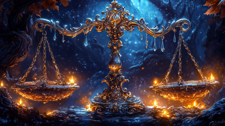 Intricate medieval scales with ornate design sit in a mystical forest, illuminated by flickering candlelight at dusk.の素材