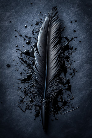 A cracked quill pen lies amidst dark ink splatters on a textured surface, reflecting creativity and fragility.の素材