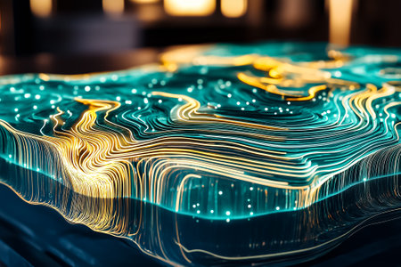 A colorful topographical map highlights intricate landforms with vibrant textures and illuminated details.の素材