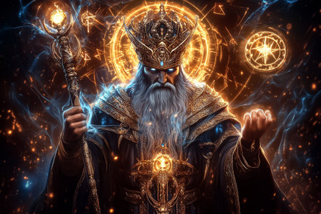 The high priest confidently holds a staff, surrounded by swirling mystical energies in an enchanting atmosphere.の素材