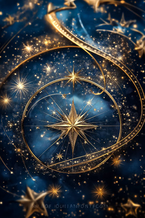 A vivid map with shining stars and golden trails on a deep blue backdrop inspires a sense of wonder.の素材