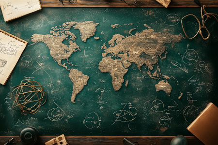 A vintage world map decorates the classroom, accompanied by sketches and educational tools.の素材