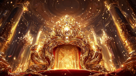 Luxurious throne room features intricate decorations, sparkling lights, and a majestic golden throne at its center.の素材