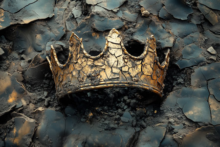 A cracked golden crown rests on a rough surface, revealing its intricate design and signs of age.の素材