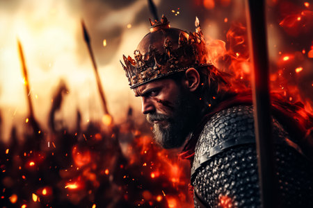 A fierce warrior dons a tarnished bronze crown while preparing for battle amidst fire and chaos, surrounded by soldiers.の素材