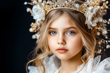 A young girl wearing a crown too large for her captivates with enchanting beauty in a soft, dreamlike atmosphere.の素材