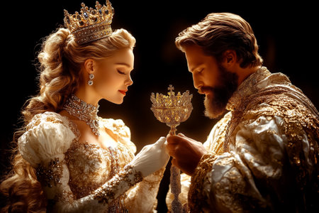 A regal queen with a jeweled scepter stands beside a king in a lavish ceremony, embodying elegance and tradition.の素材