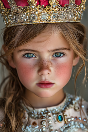 A young girl with big blue eyes wears an oversized crown, reflecting her imaginative charm and personality.の素材