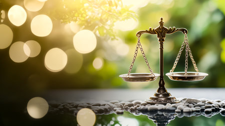 Scales with balanced weights rest on smooth stones, symbolizing fairness in a serene natural setting.の素材