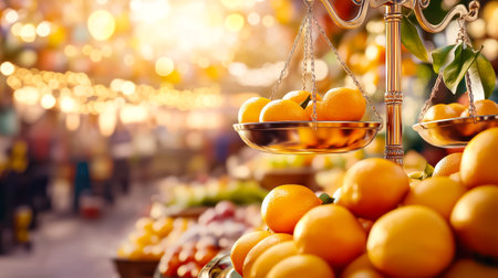 Vintage scales are used to weigh bright fresh oranges at a lively market during the warm hues of sunset.の素材