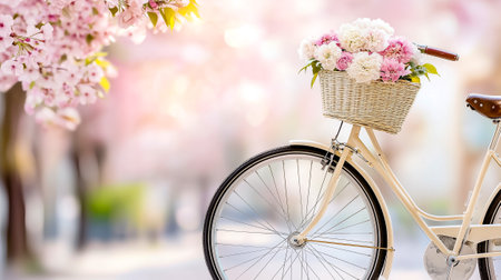 Vintage bicycle adorned with a flower basket leans gracefully beside blooming trees in a tranquil garden setting.の素材