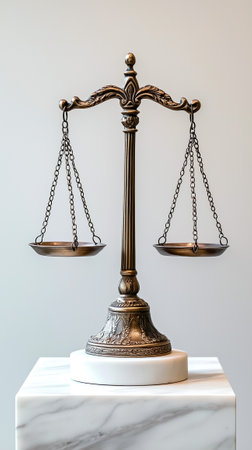 Ancient Roman scales on a marble base highlight exquisite craftsmanship and rich history.の素材