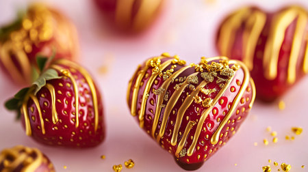 Heart-shaped strawberries dipped in golden chocolate make a stunning dessert for special occasions.の素材