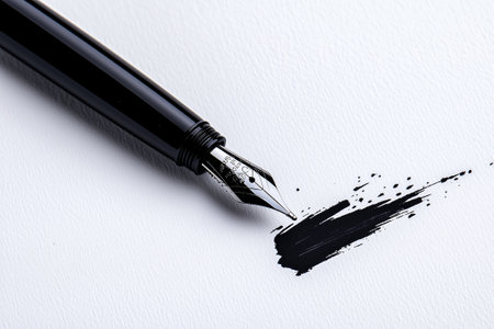 A black fountain pen on textured paper makes a bold mark, ideal for creative writing or journaling.の素材