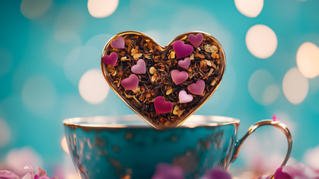 Heart-shaped tea leaves rest in a vintage teacup against a vibrant background, adding a touch of whimsy to tea time.の素材