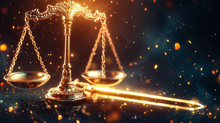 Scales of justice rest alongside a glowing sword, surrounded by a mystical ambiance of shimmering lights and colors.の素材