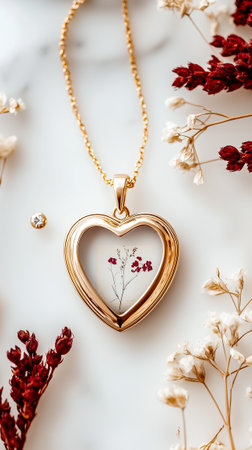 A heart-shaped locket with delicate flowers embodies nostalgia and fine craftsmanship among dried blooms.の素材