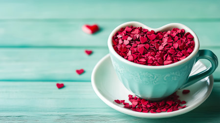Heart-shaped tea leaves fill a vintage teacup, resting on a saucer against a calming turquoise backdrop.の素材