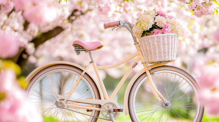 A vintage bike with a flower basket leans by a tree full of pink cherry blossoms in bright sunlight.の素材