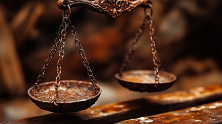 Rusty iron scales are displayed on a weathered wooden table, reflecting a sense of history and craftsmanship.の素材