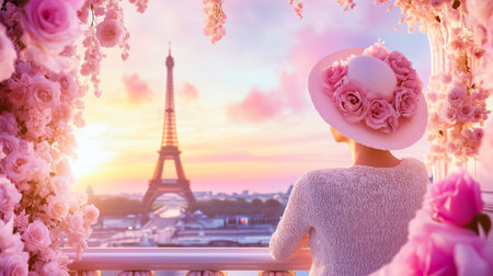 A person admires a vibrant sunset from a rose-covered Parisian balcony with a view of the Eiffel Tower.の素材