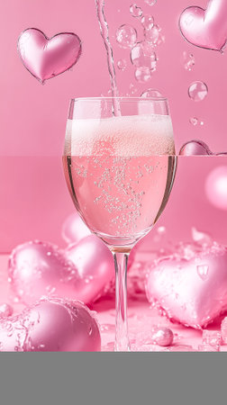 Champagne with a vibrant pink hue pours into a crystal flute while heart-shaped decorations float around it.の素材