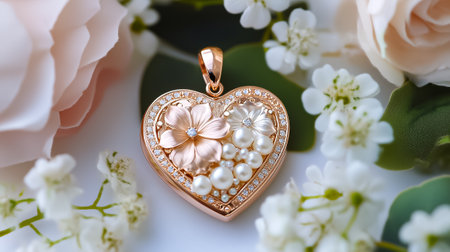 A beautiful heart-shaped locket featuring rose gold and pearl accents rests among soft floral arrangements.の素材