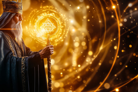 A high priest stands boldly with a glowing staff at a vibrant, mystical gathering of energy and light.の素材