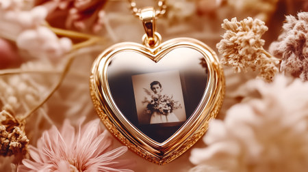 A heart locket displays an old photo of a woman with a bouquet amid soft floral textures and colors.の素材