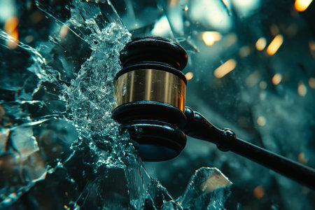 A gavel shatters glass with powerful force in slow motion, capturing the dramatic impact of justice in action.の素材