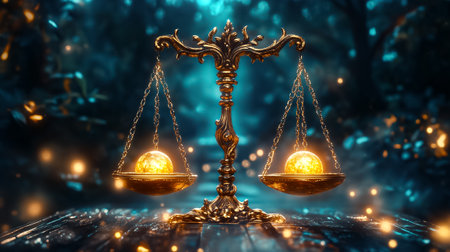 Ornate scales balance two glowing orbs amidst a mystical forest filled with shimmering lights and shadows at night.の素材