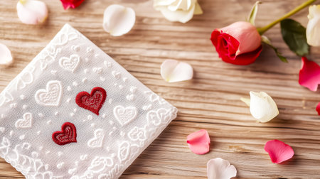 Lace handkerchief featuring red embroidered hearts is placed on a wooden table, accompanied by colorful rose petals.の素材