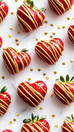 Heart-shaped strawberries drizzled with golden chocolate make a festive, romantic treat for any celebration.の素材