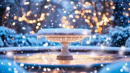 Snowfall transforms the rose garden, blanketing the fountain and enhancing the enchanting winter ambiance.の素材