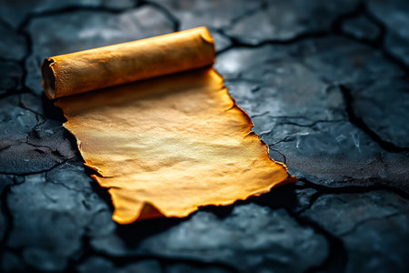 A torn parchment rests on a dark, cracked surface, showing its captivating texture and realistic design.の素材