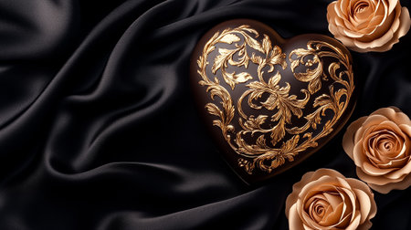 A heart-shaped chocolate box rests beside delicate roses on soft dark fabric, creating a romantic ambiance.の素材