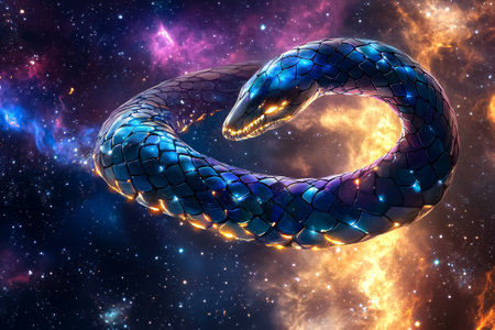 A vibrant serpent made of energy beams glows brightly while coiling in the colorful expanse of outer space.の素材