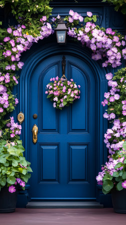 This beautiful door, adorned with morning glory flowers, serves as an inviting gateway into a hidden garden paradise.の素材