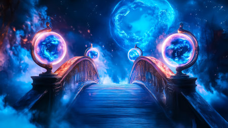 Two glowing orbs sit beside a bridge, shining in a mystical foggy realm of vibrant colors.の素材