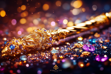 A golden staff with intricate designs shines against a backdrop of sparkling gems and radiant light.の素材