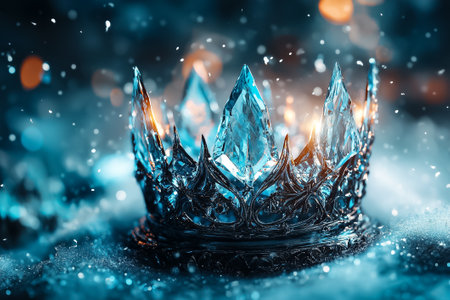 Glittering icy crown glimmers surrounded by soft snow and shimmering lights in a winter twilight atmosphere.の素材