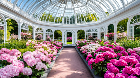 Visitors enjoy walking through a Victorian glass dome conservatory surrounded by colorful hydrangeas and lush greenery.の素材
